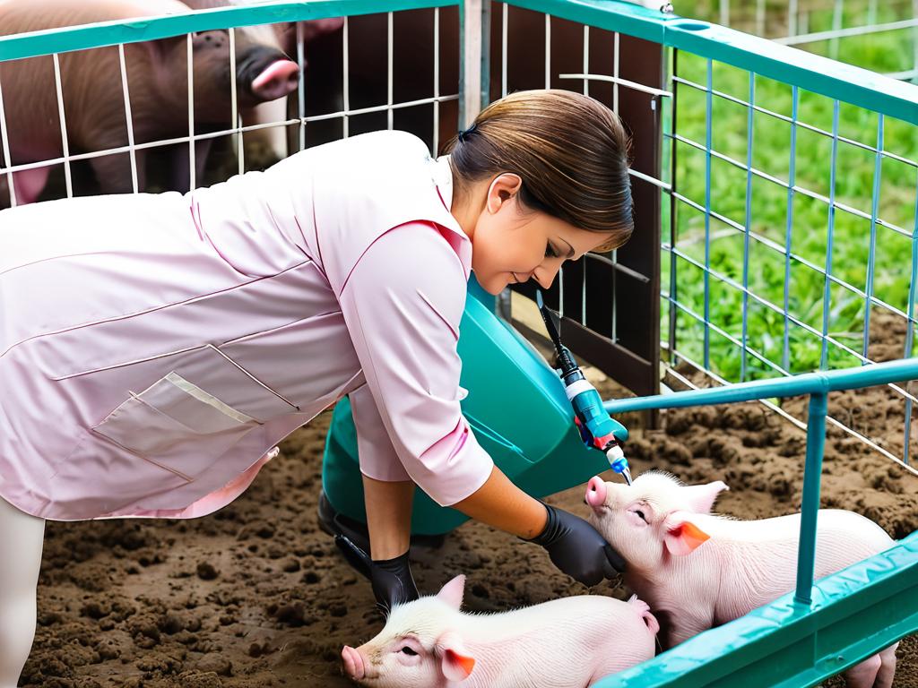 Ветеринарный врач делает уколы поросятам в загоне на свиноферме