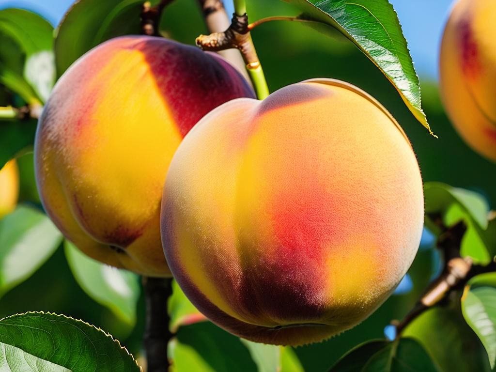 Крупный план спелого плода персика сорта Золотой юбилей