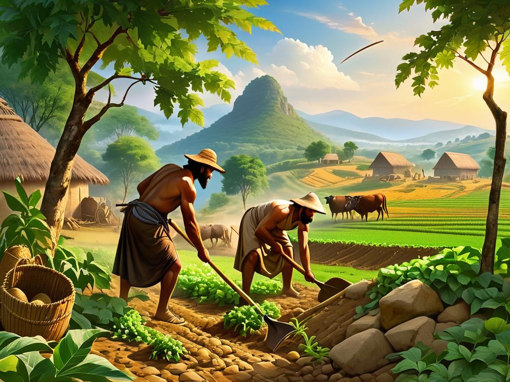 Древние земледельцы обрабатывают землю примитивными орудиями