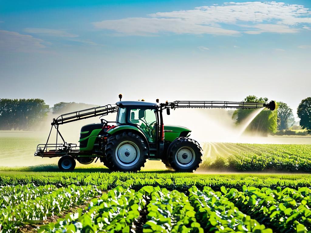 Трактор опрыскивает пестицидами посевы на поле