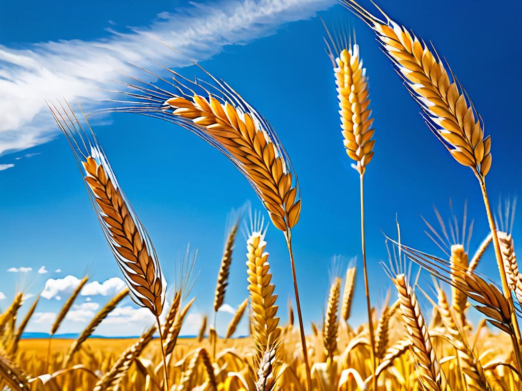 Пшеничное поле, готовое к уборке урожая, на фоне голубого неба