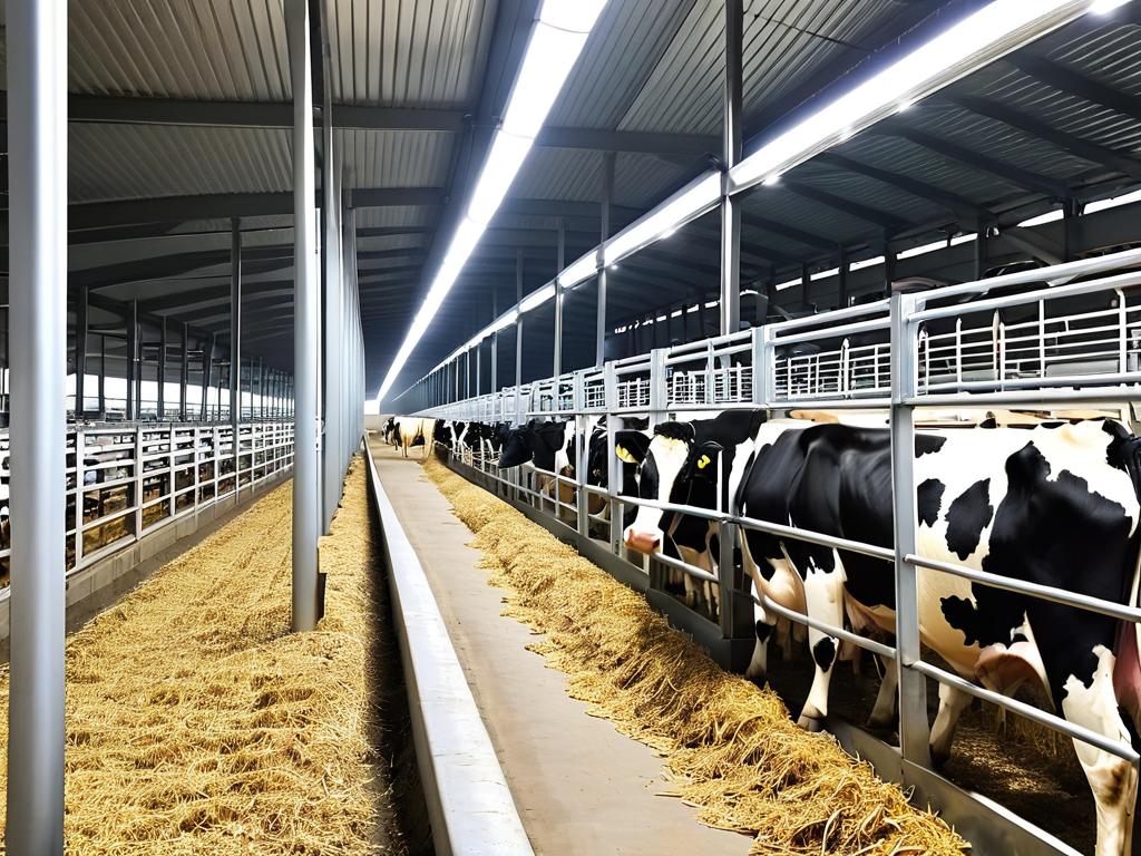 Дойные коровы, поедающие корм в современной ферме