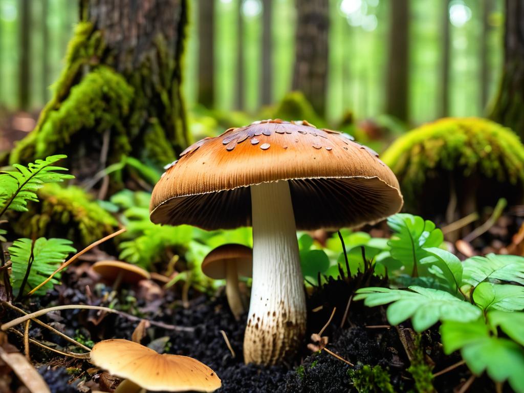 Крупный план белого гриба, растущего на лесной земле