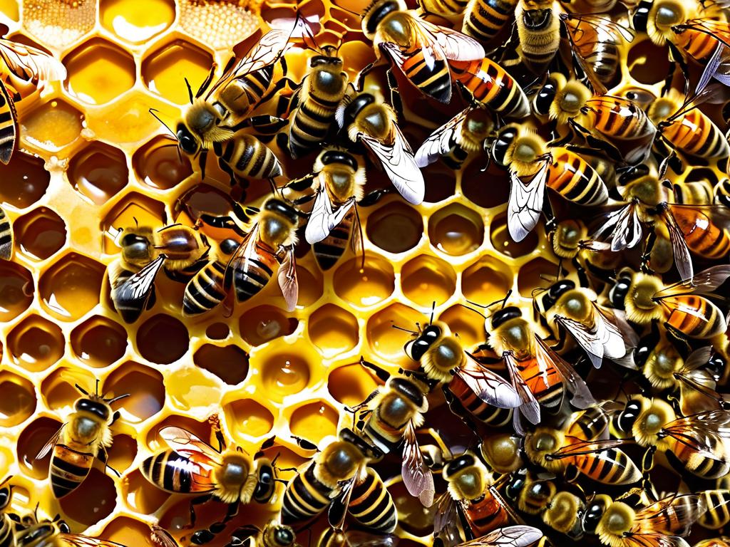 На фото пчелы строят восковые соты на рамке, используя воск, выработанный специальными железами