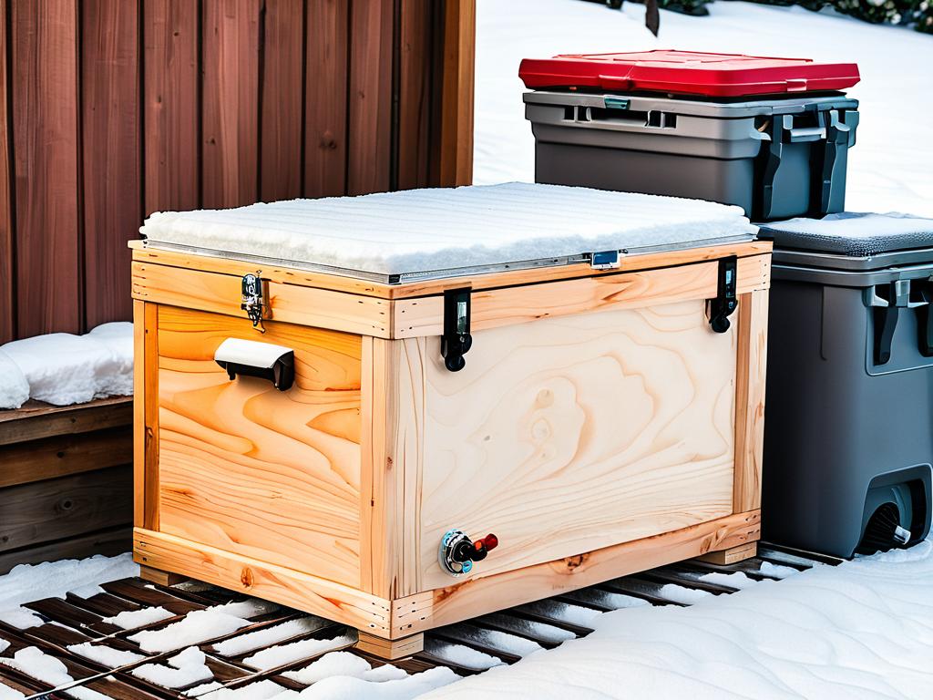Утепленный деревянный ящик с установленным охлаждающим элементом как самодельный морозильник