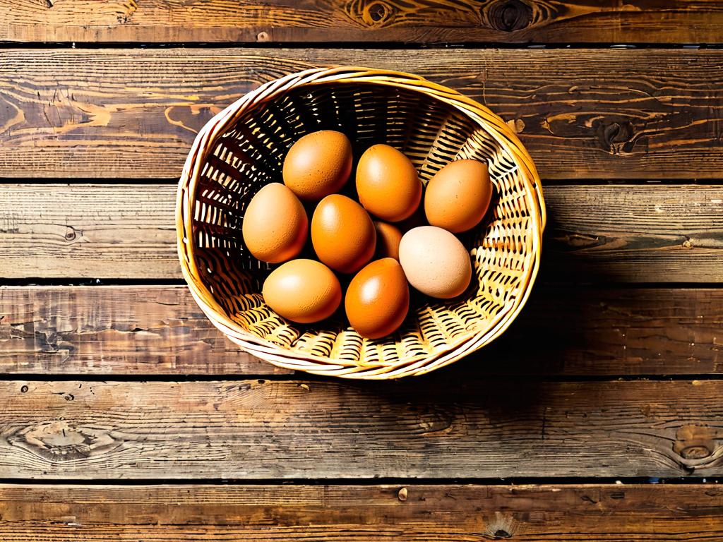 Корзина с коричневыми яйцами на деревянном столе