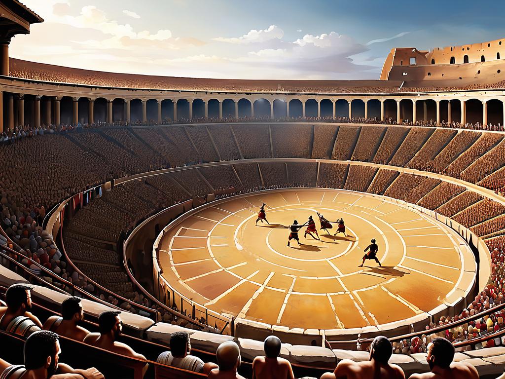 Картина, изображающая бой гладиаторов на арене в Древнем Риме. Вокруг арены трибуны для зрителей.