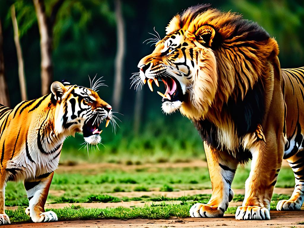 На втором фото лев и тигр стоят на задних лапах лицом к лицу в боевой стойке, выставив передние