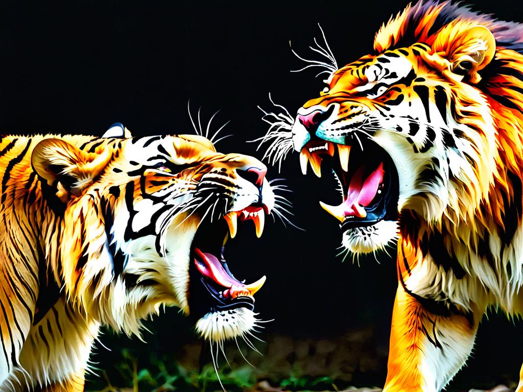 На третьем фото ревущий лев и ревущий тигр с обнаженными клыками стоят лицом к лицу