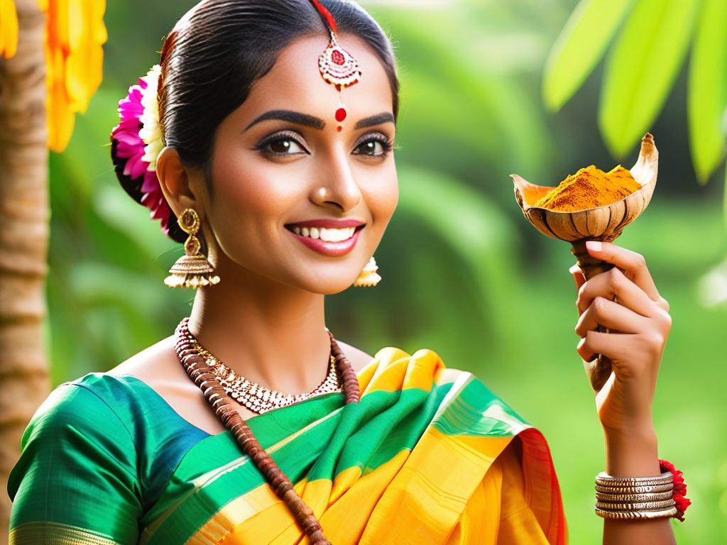Женщина в традиционном индийском сари держит корень куркумы