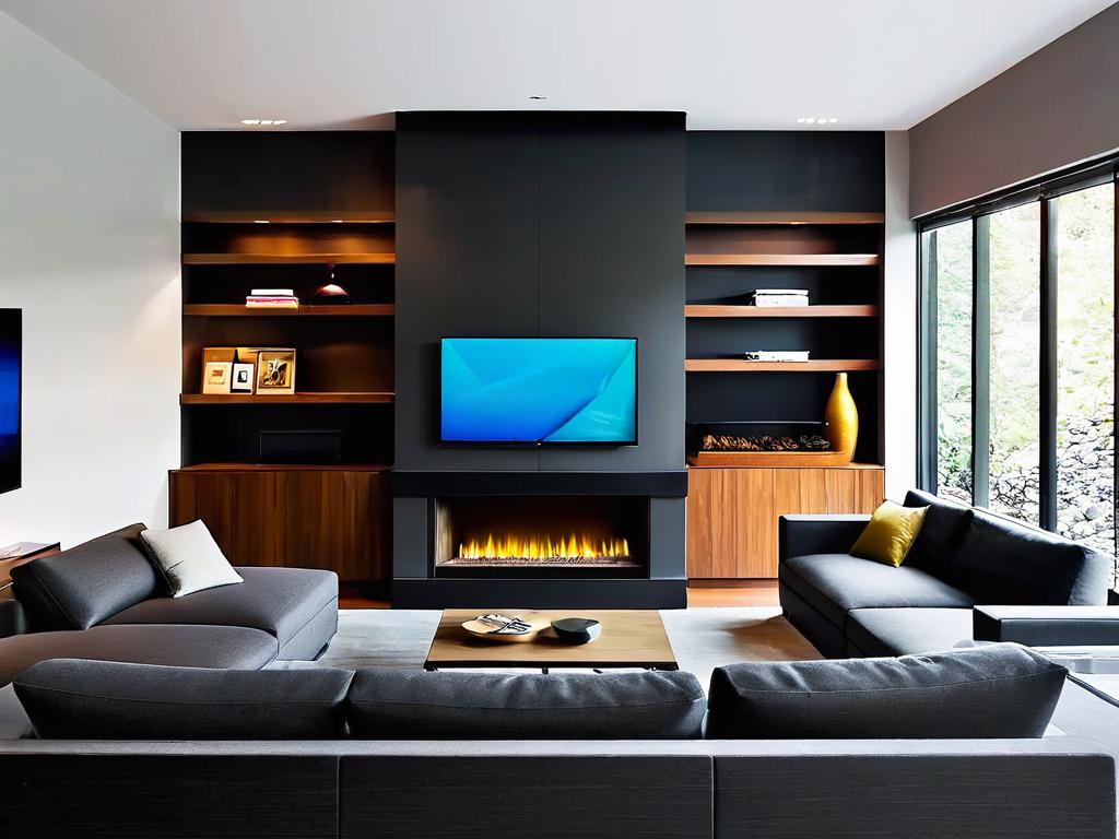 Удобное расположение телевизора над камином напротив дивана