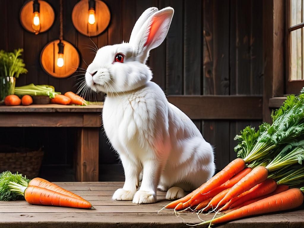 Большой белый кролик с красными глазами смотрит на морковку на деревянном столе