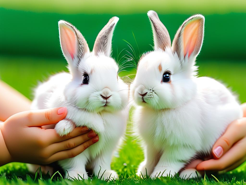 Два милых крольчонка с белой шерстью на руках у девочки на фоне зеленого газона