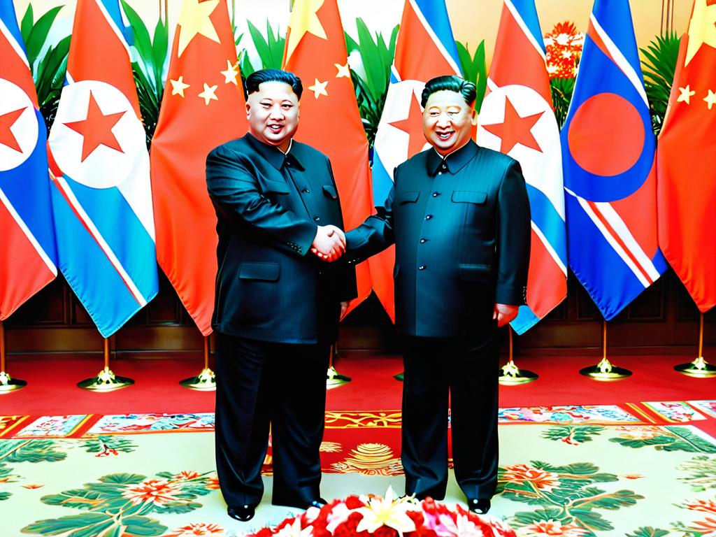 Ким Чен Ын и Си Цзиньпин пожимают друг другу руки на встрече. Это демонстрирует поддержание