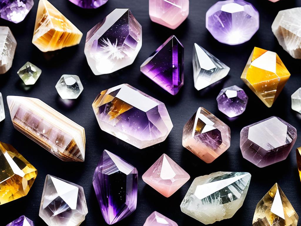 Природные кристаллы кварца разных цветов - аметист, цитрин, розовый кварц, дымчатый кварц