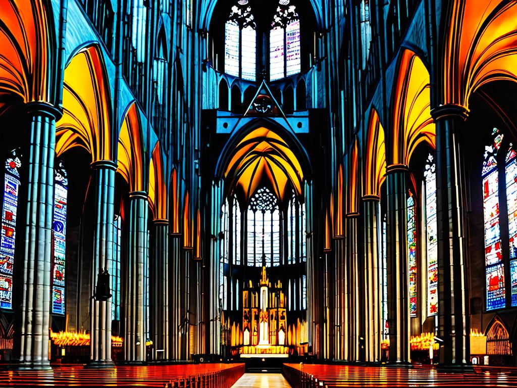 Интерьер Кельнского собора с высокими сводчатыми потолками и витражами