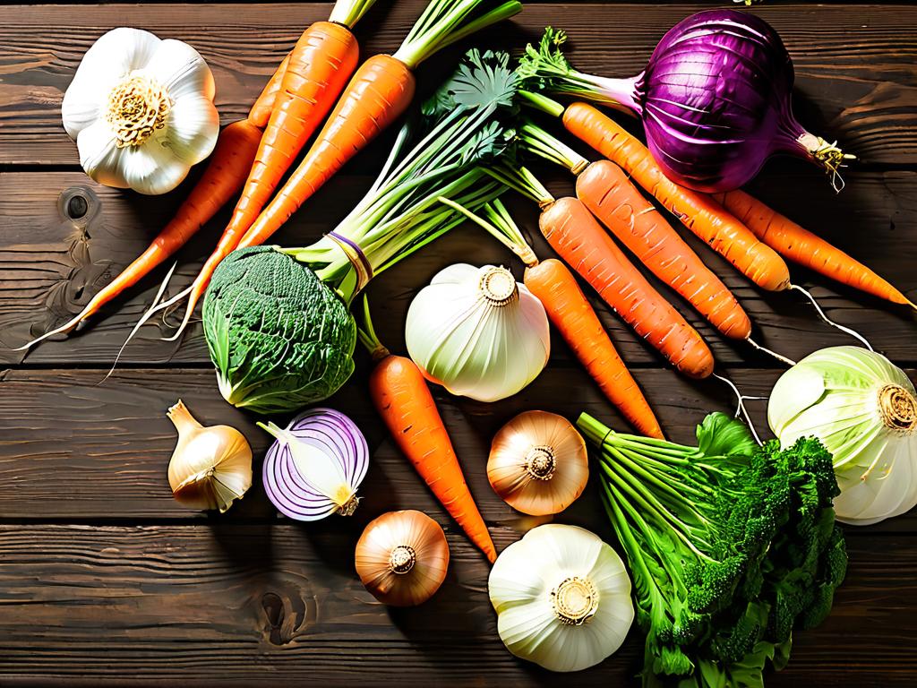 Подбор ингредиентов для солянки: морковь, лук, чеснок и капуста на деревянном столе