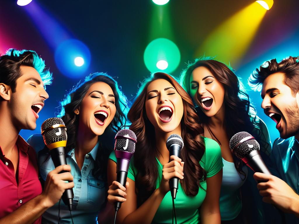 Компания друзей поет в цветные микрофоны на караоке-вечеринке