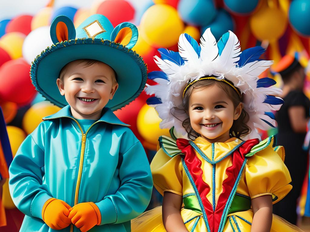 Мальчик и девочка в карнавальных костюмах улыбаются