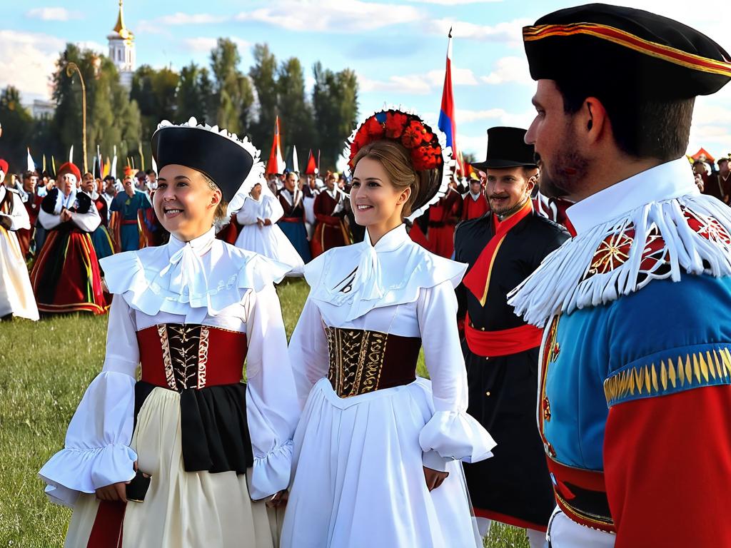 Люди в исторических костюмах участвуют в театрализованном представлении во время празднования Дня