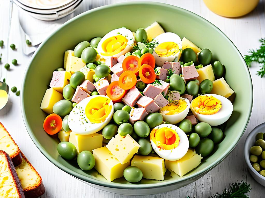 Тарелка с традиционным салатом Оливье из отварного картофеля, яиц, консервированного горошка,
