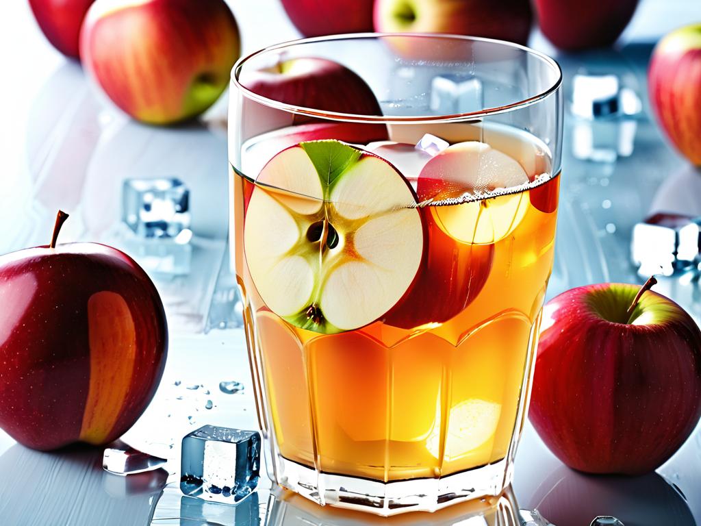 Стакан свежего яблочного сока со льдом и дольками яблока. Холодный полезный напиток.