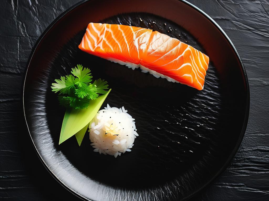 Крупный план кусочка нигири-суши с лососем, рисом и соусом васаби на черной тарелке
