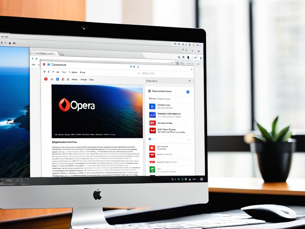 Браузер Opera с открытой боковой панелью на мониторе