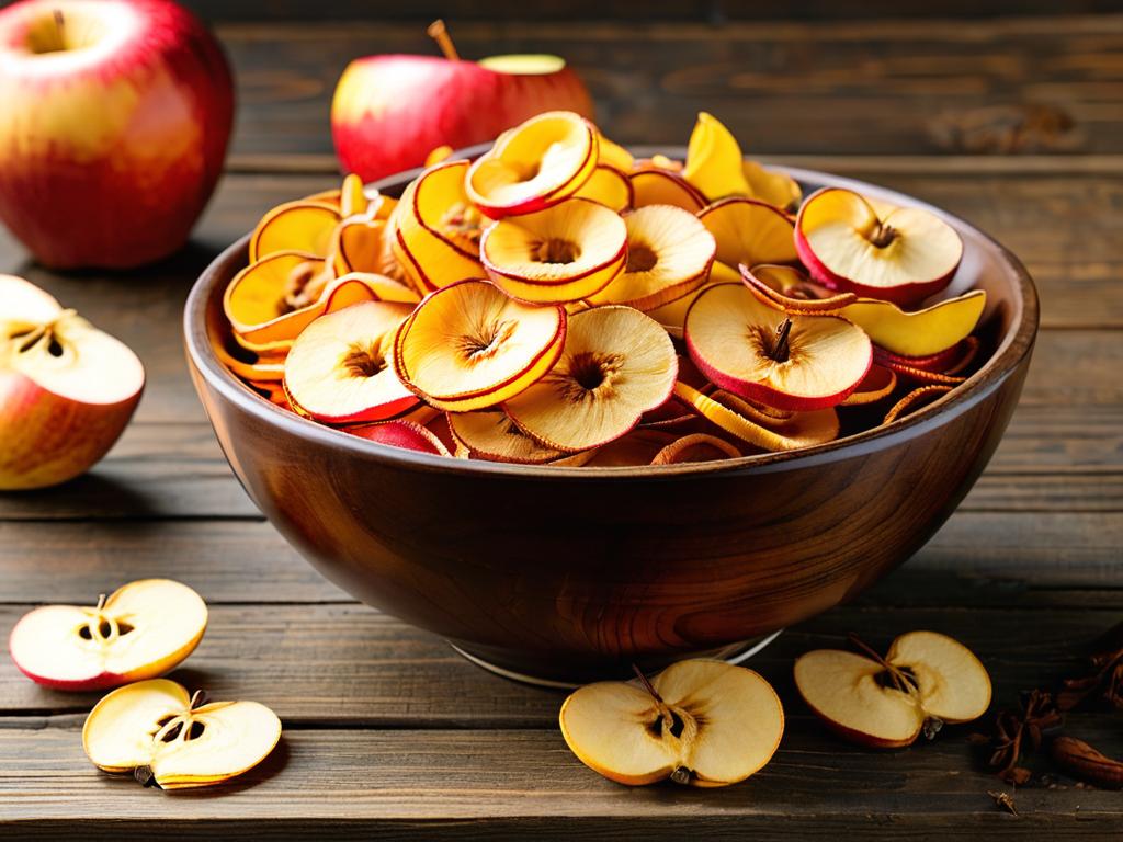 Миска с кольцами сушеных яблок на деревянном фоне