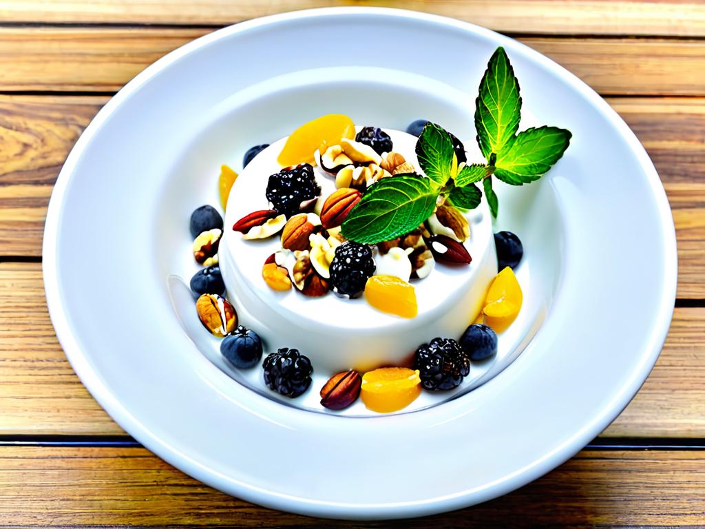 Сладкий десерт с йогуртом, орехами, сушеными фруктами и листьями мяты