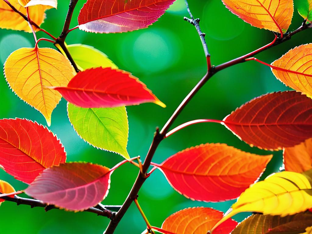 Крупный план листьев на ветке дерева с цветами от зеленого до желтого и красного