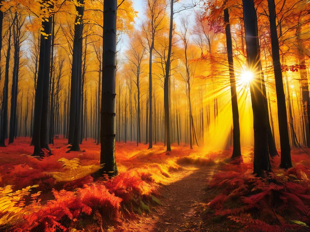 Закат в осеннем лесу с деревьями в желтых, оранжевых, красных цветах и лучами солнца