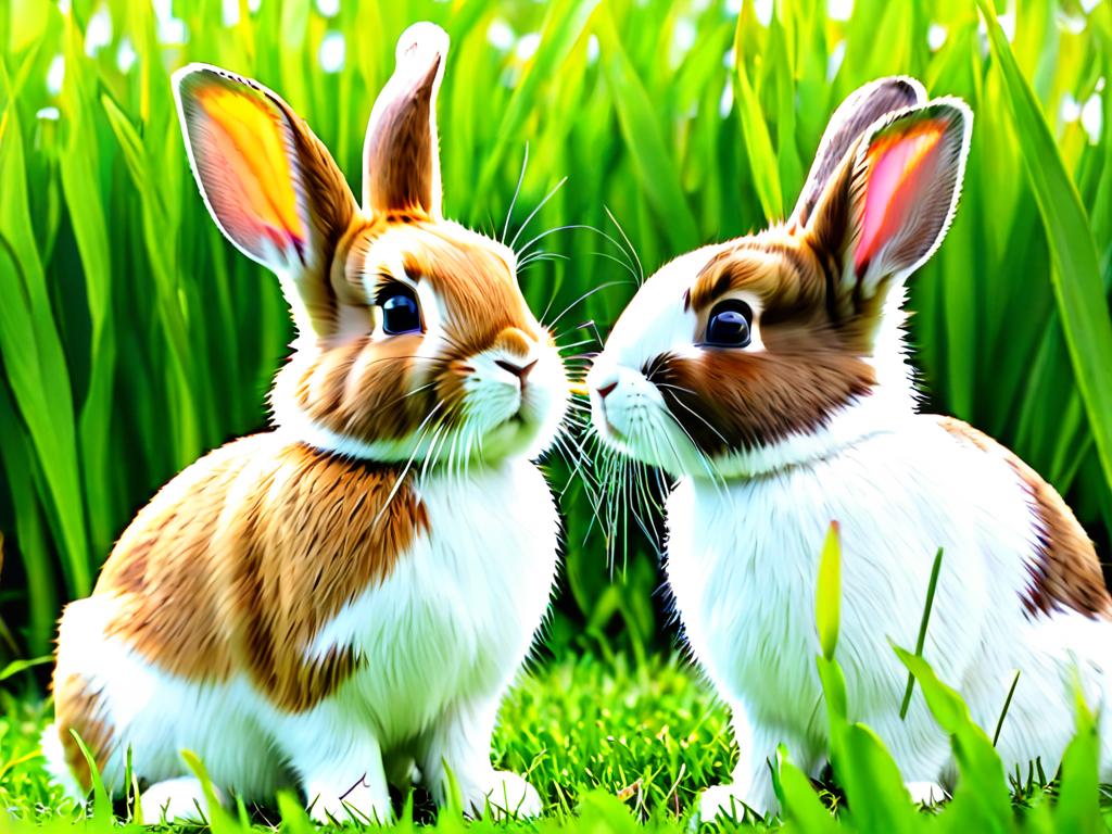 Два кролика, один белый, один коричневый, смотрят друг на друга, сидя в траве