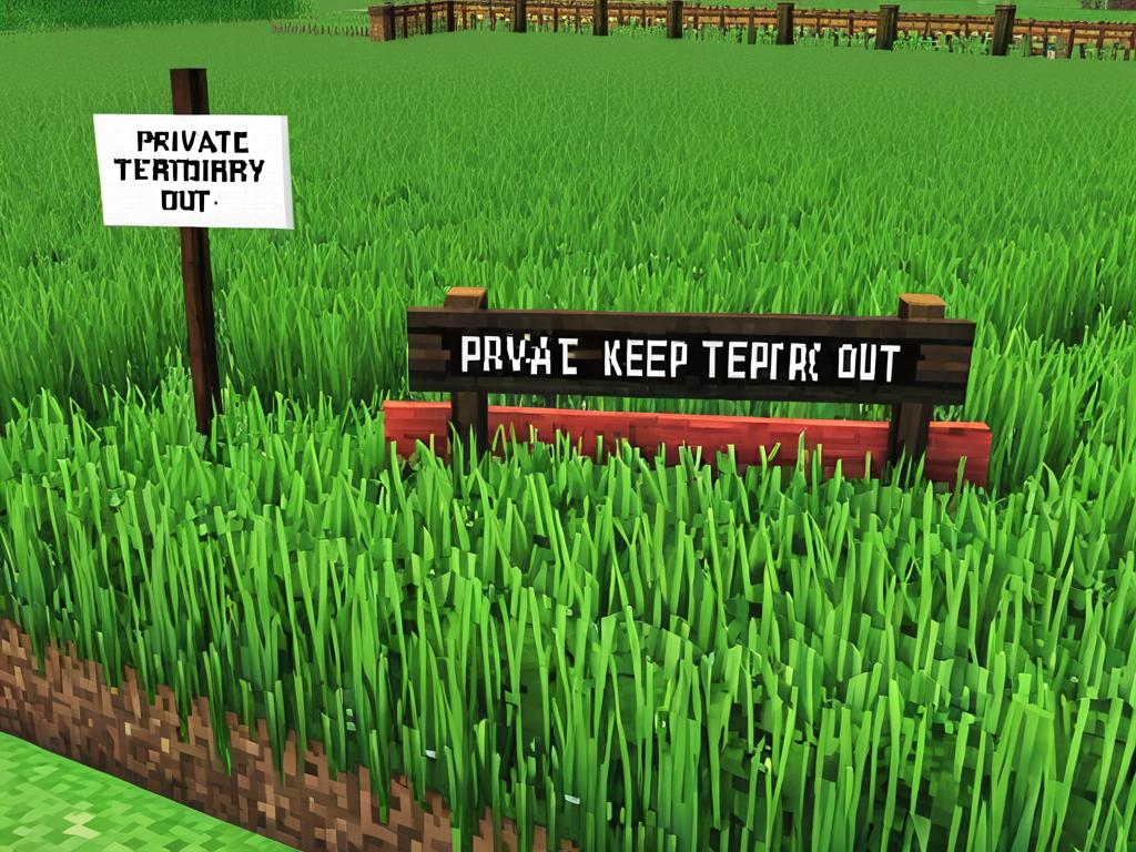 Травяное поле в Майнкрафте с табличкой «Приватная территория, вход запрещен»