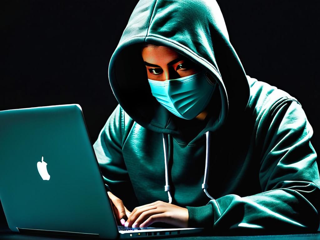 Человек в капюшоне и маске печатает на ноутбуке на темном фоне