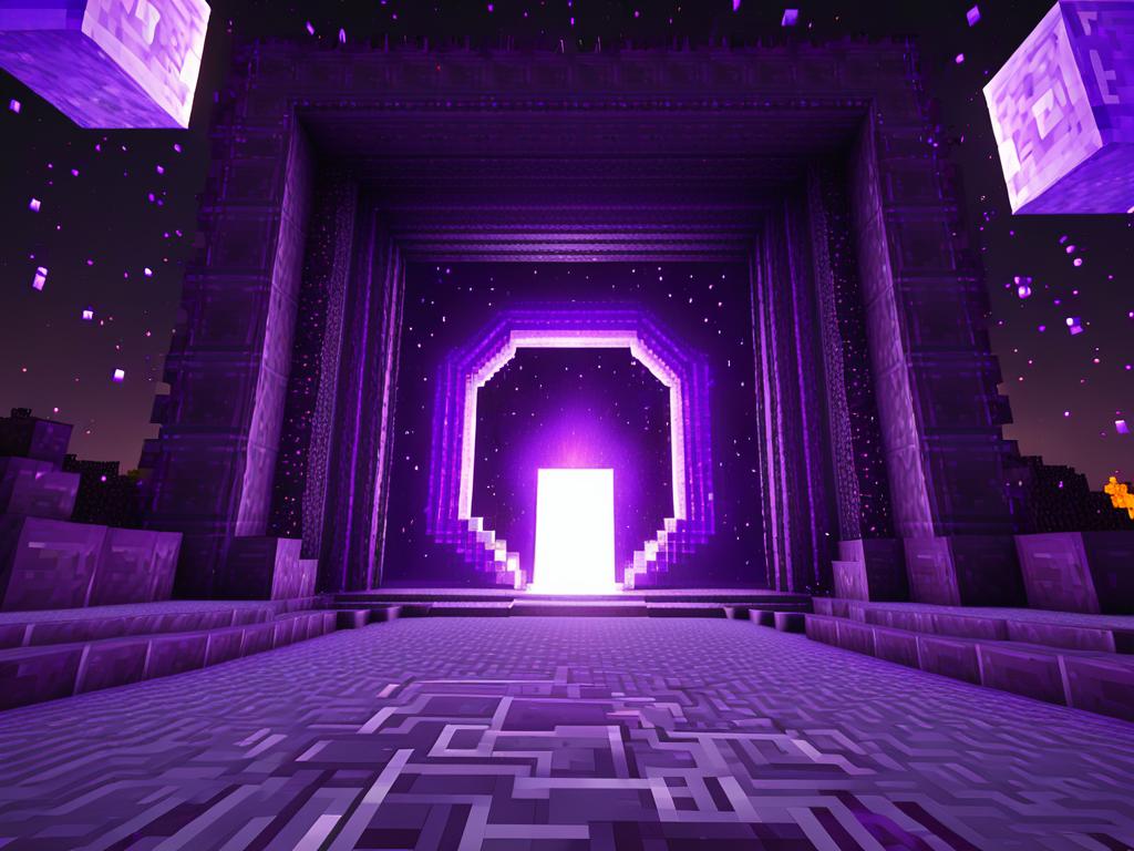 Портал в Нижний мир в Майнкрафт с фиолетовыми частицами