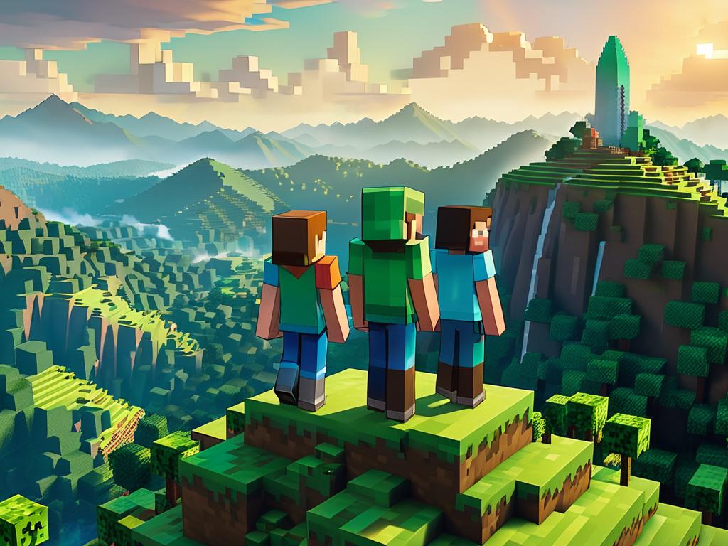 Персонажи Стив и Алекс из Майнкрафт стоят на вершине холма с видом на лес и горы