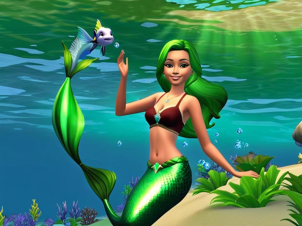 Русалка из The Sims 3 плавает под водой с зеленым хвостом, держит в руках рыбу и выглядит счастливой