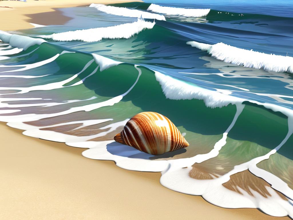 Большая морская раковина лежит на пляже недалеко от волн океана в игре The Sims 3