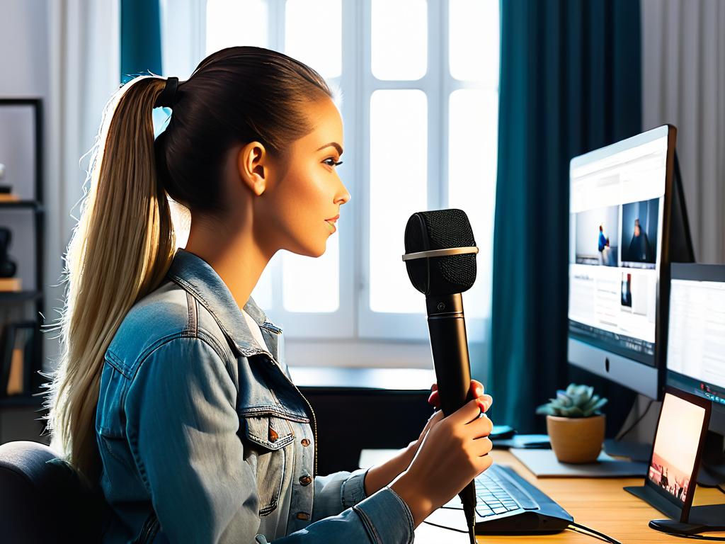 Девушка-видеоблогер говорит в профессиональный микрофон во время монтажа видео