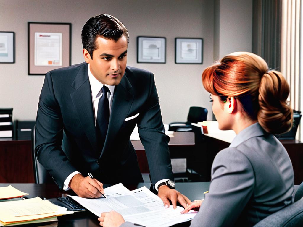 Мужчина в костюме беседует с женщиной через стол с документами в офисе