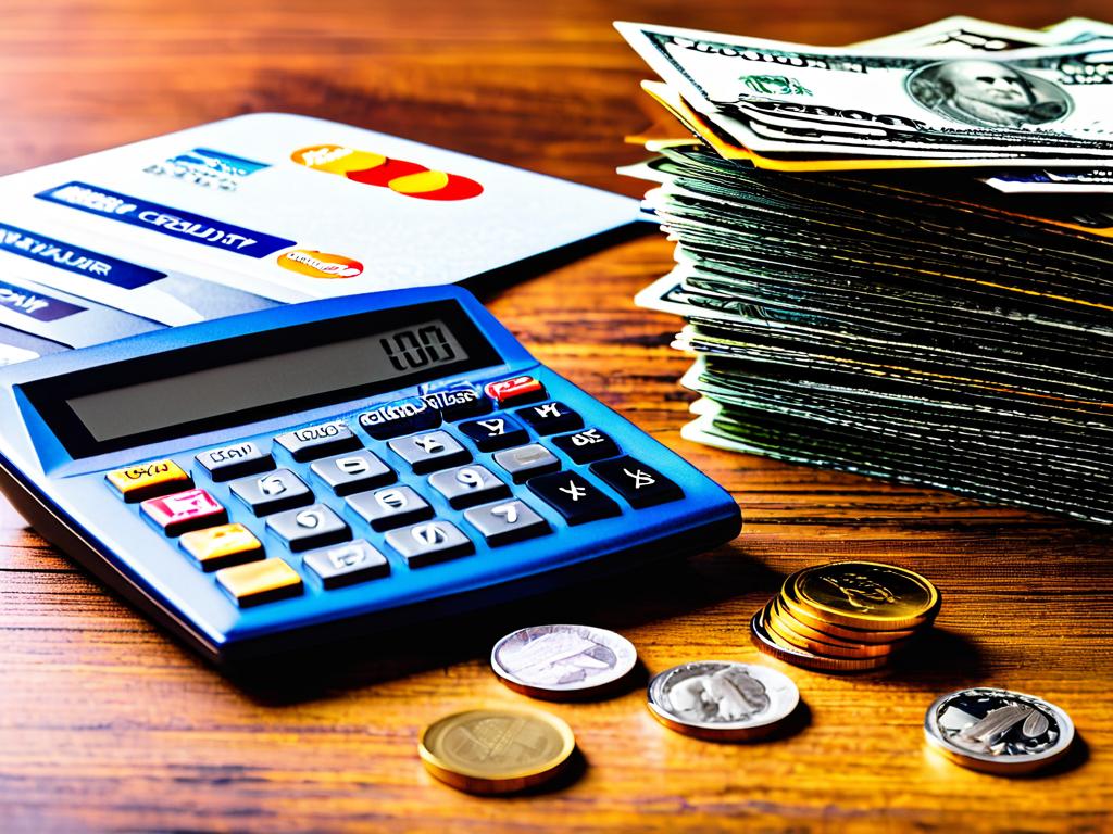 Стопки монет и банкнот рядом с кредитными картами и калькулятором на деревянном столе
