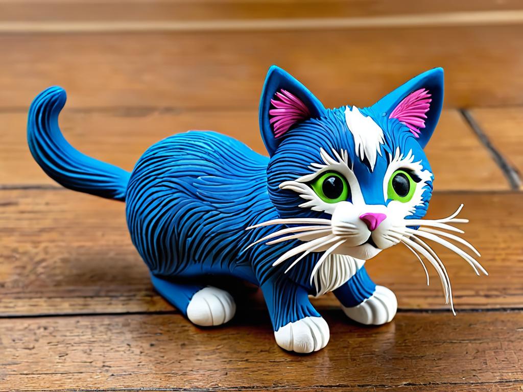 Фигурка кошки из пластилина с деталями - усами и шерстью
