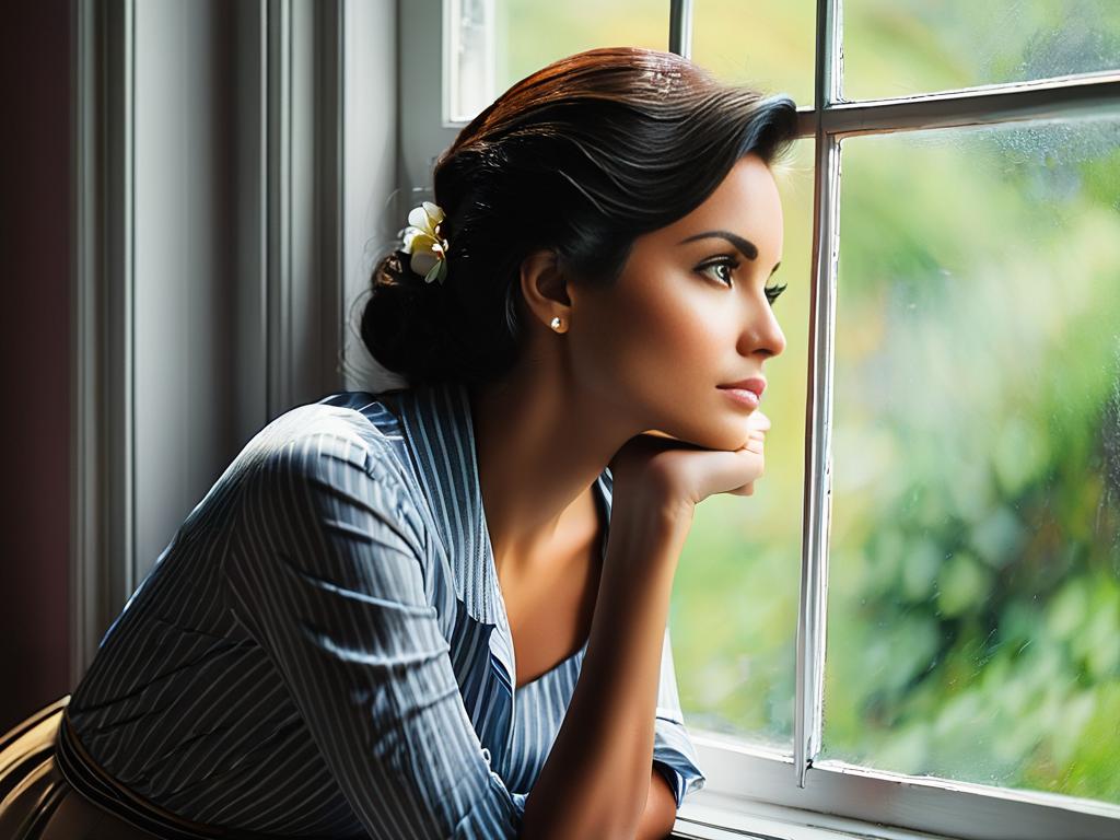 Женщина задумчиво смотрит в окно, обдумывая цель своей статьи