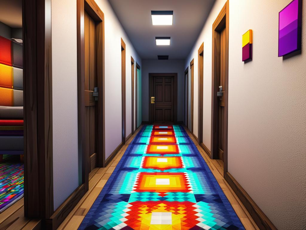 Мягкие разноцветные пиксельные коврики, выстроившиеся вдоль пола в коридоре уютного дома в Майнкрафт