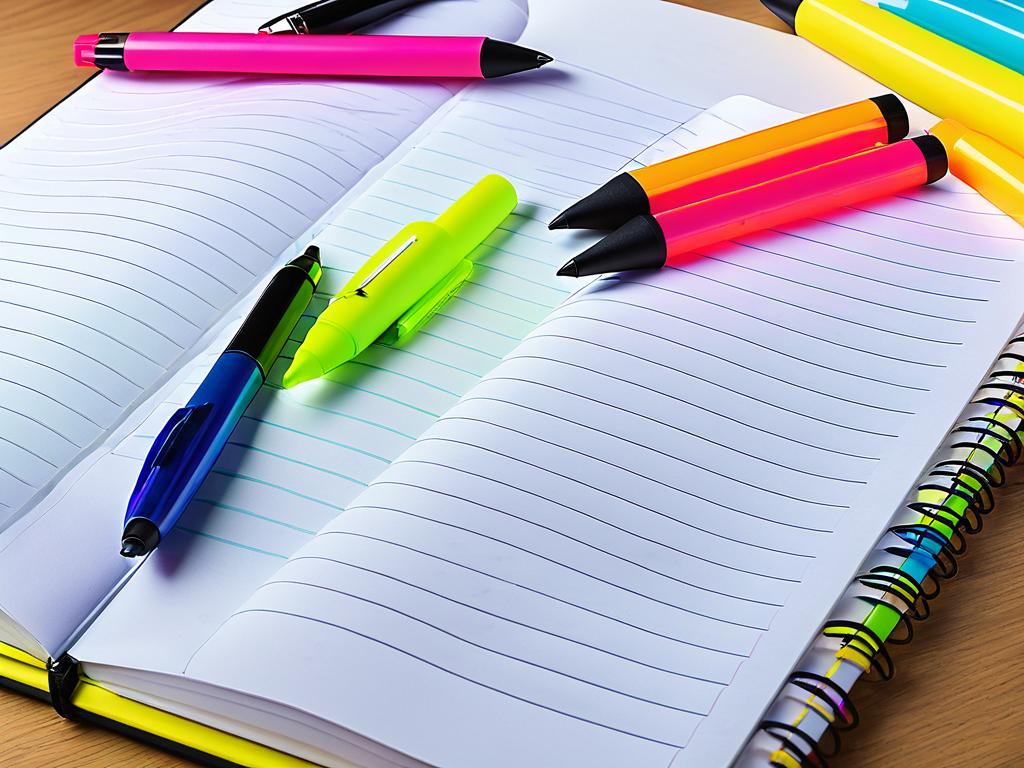 Разноцветные маркеры и ручки на блокноте для написания статей