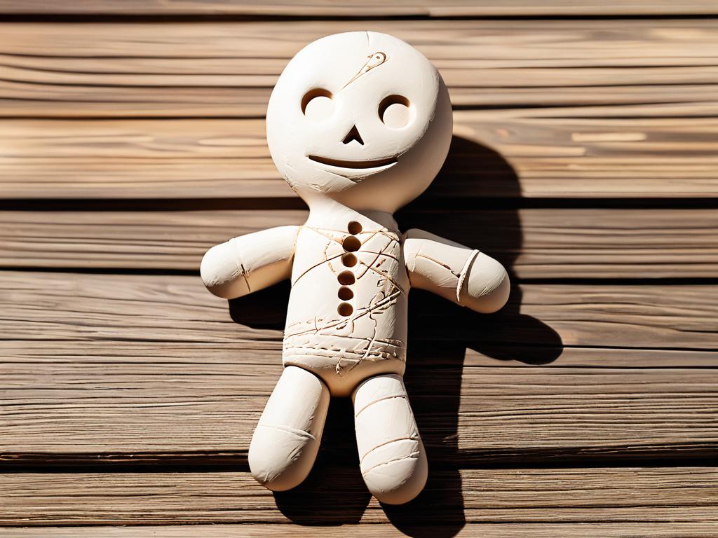 Неокрашенная глиняная форма куклы вуду на деревянной поверхности