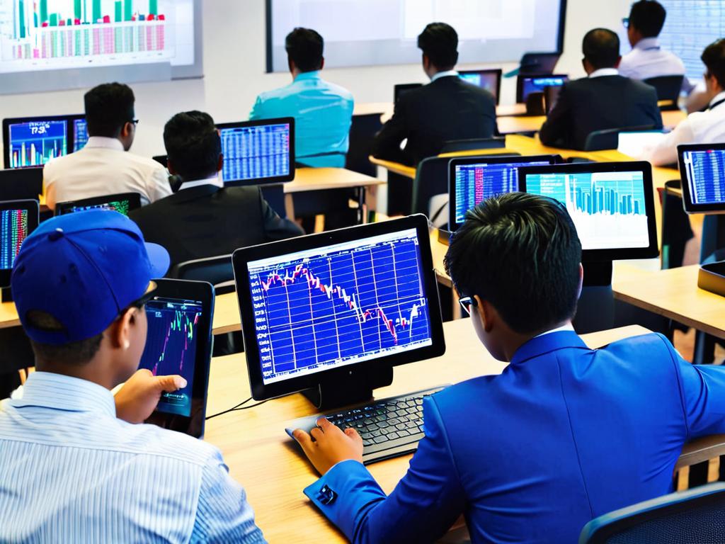 Люди изучают торговлю на фондовом рынке в учебной аудитории