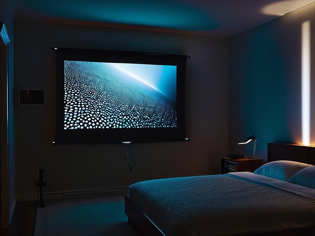 Фото проектора со спроецированным тестовым изображением на стене в темной комнате для проверки