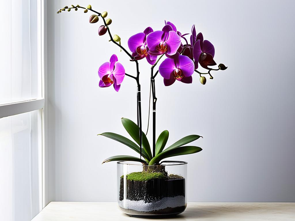 Растение орхидеи в прозрачном горшке с видимыми воздушными корнями подходящее для домашнего